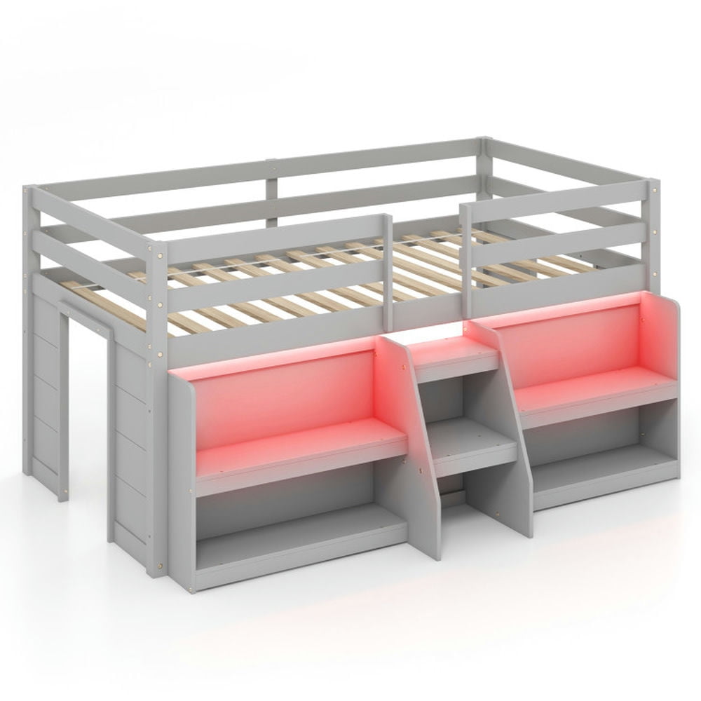 Resenkos Modern Bunk Bed,Twin Size Loft Bed with LED Lights with Staircase and Safety Guardrail-Grey Resenkos Modern Bunk Bed,Twin Size Loft Bed with LED Lights with Staircase and Safety Guardrail-Grey