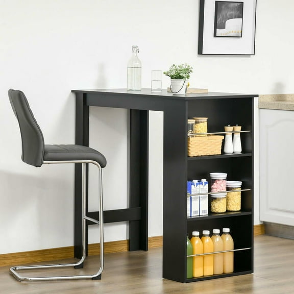 Resenkos Modern Counter-Height Bar Table for Kitchen or Living Room, Features Three Integrated Storage Shelves, Black