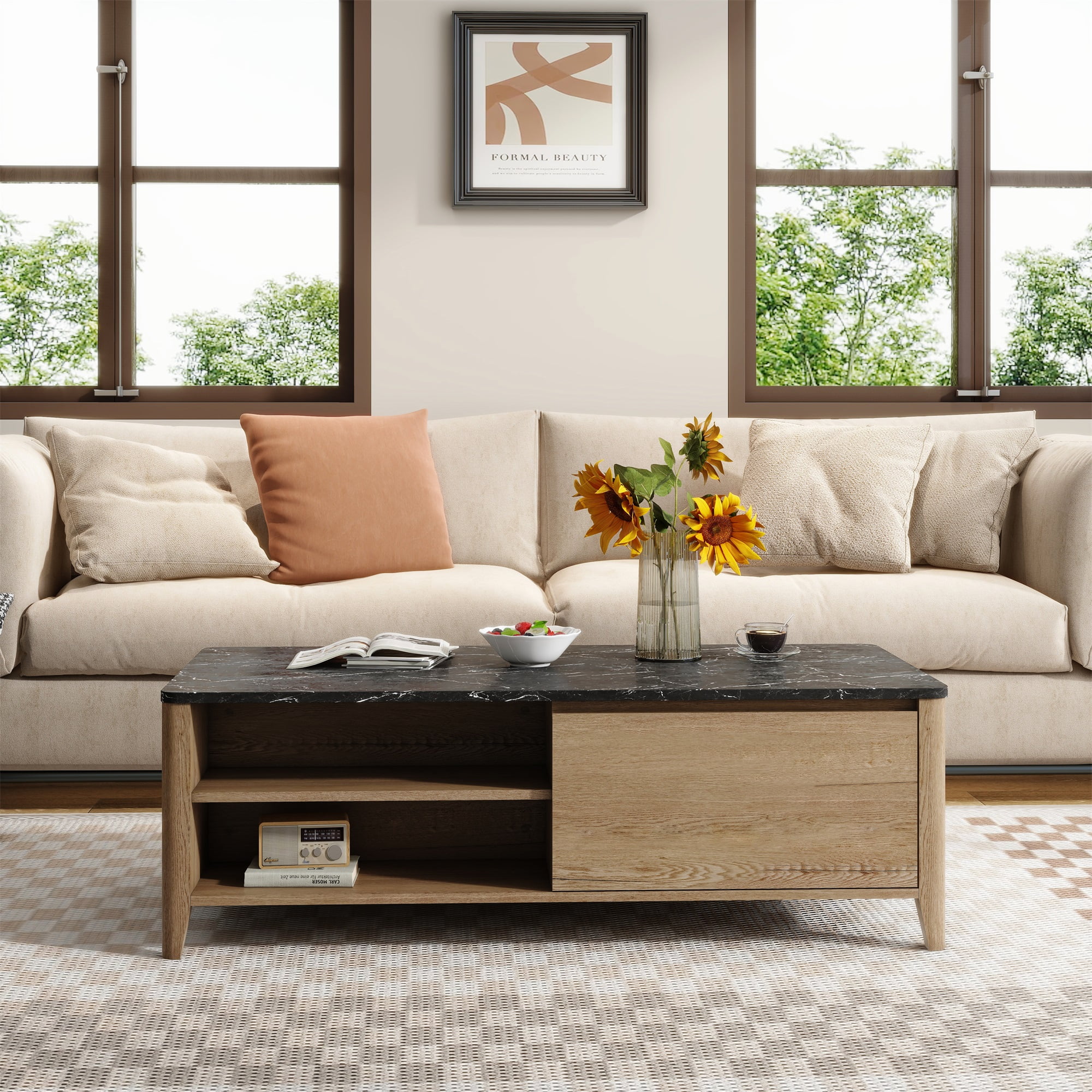 Resenkos Modern Drawer Coffee Table, Accent Table Bedside Table for Living Room or Office, Light Brown