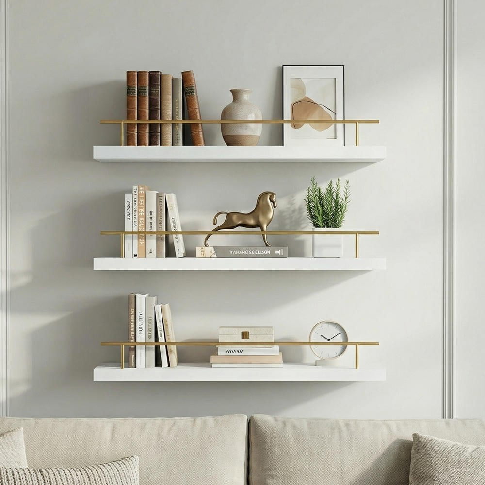 Resenkose Modern Floating Wall Shelves with Invisible Bracket, Military-Grade Iron and Solid Wood Construction for Living Room, White and Gold Finish