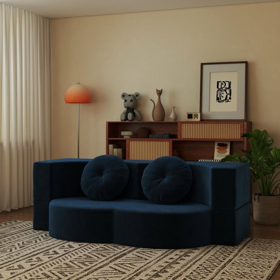 Resenkos Modern Floor Sofa Bed with 2 Pillows, Convertible Plush Sleeper & Full Folding Mattress, No Assembly, Blue