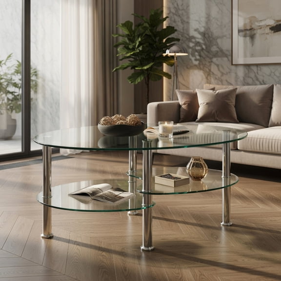 Resenkos Modern Glass Coffee Table, Oval Side Coffee Table, Stable Glass TV Stand Side End Table for Living Room, Transparent