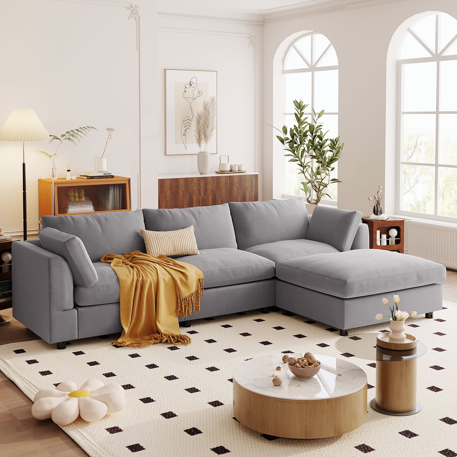 Resenkos Modern Gray Fabric L-Shaped Couch, 4-Seat Sofa Sectional