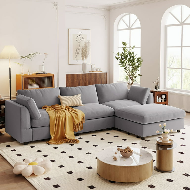 Resenkos Modern Gray Fabric L Shaped Couch 4 Seat Sofa Sectional with Reversible Chaise for Living Room Apartment and Small Space