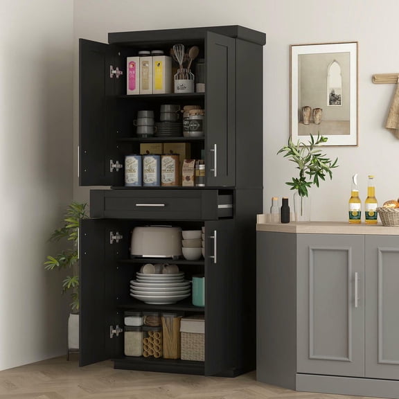 Resenkos Modern Kitchen Pantry Freestanding Cabinet Cupboard with Doors and Drawer, Adjustable Shelving, Black