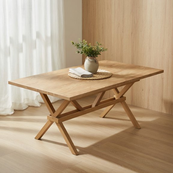 Resenkos Modern Light Wood MDF Dining Table with X-Shape Metal Base – 71" x 35.4" Extendable-Style Rectangular Table for 6-8 People, Ideal for Dining Room, Home Office & Conference Space