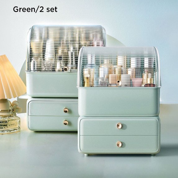 EDOEMSE Modern Makeup Storage, Waterproof and Dustproof Makeup Organizer and Storage Cosmetics Organizer Box for Countertop with Lid & Drawers, Green
