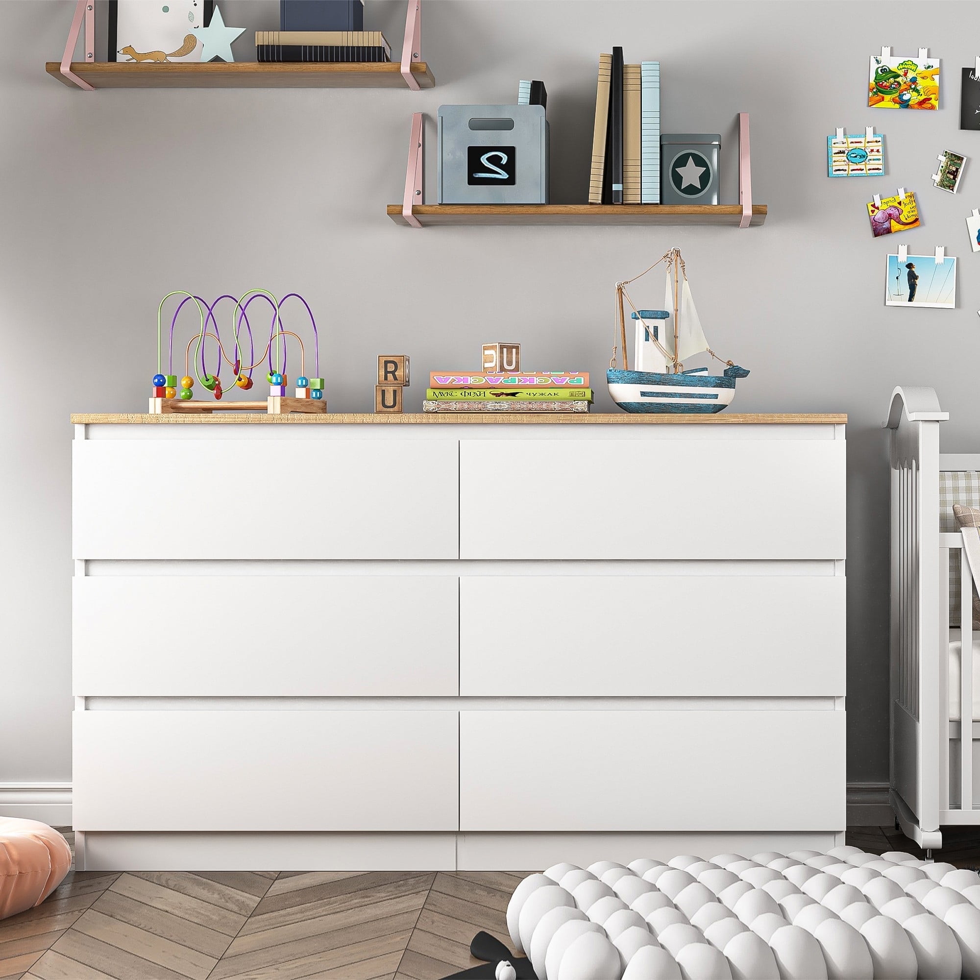 Resenkos Modern Mid Century 6 Drawer Wide Dressers Chests for Bedroom, Chest of Drawer Organizer White&Oak