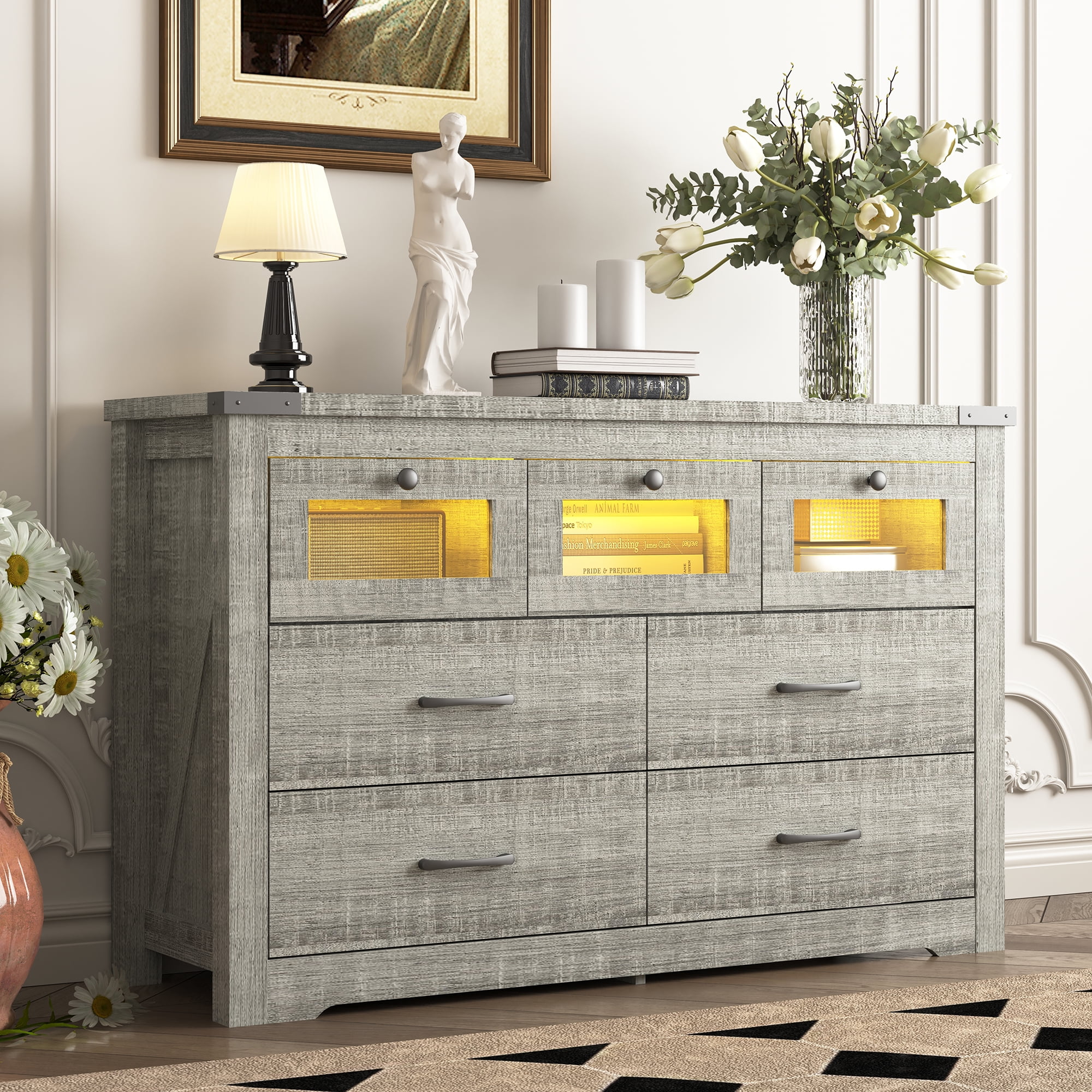 Resenkos Modern Mid Century 7 Drawer Wide Dressers Chests for Bedroom