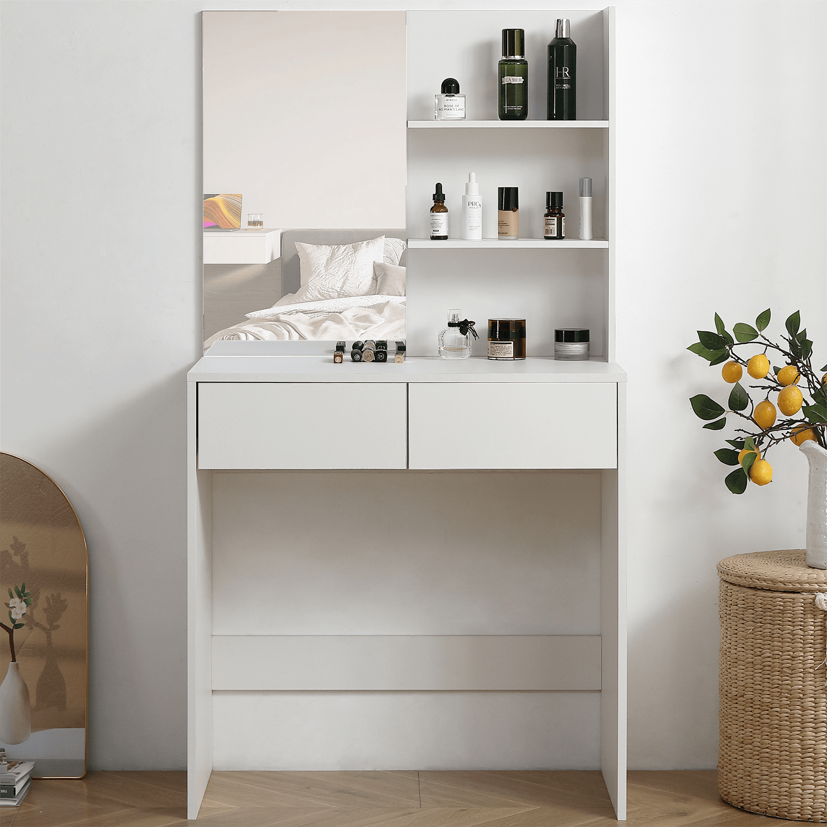 Resenkos Modern Mid-Century Makeup Vanity Desk Dressing Table with Mirror&2 Drawers for Bedroom, White