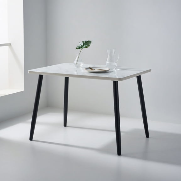 Resenkos Modern Minimalist Rectangular Dining Table for 4-6 People – Tempered Glass & MDF Top with Imitation Marble Finish, Black Tapered Metal Legs, Safe Rounded Corners