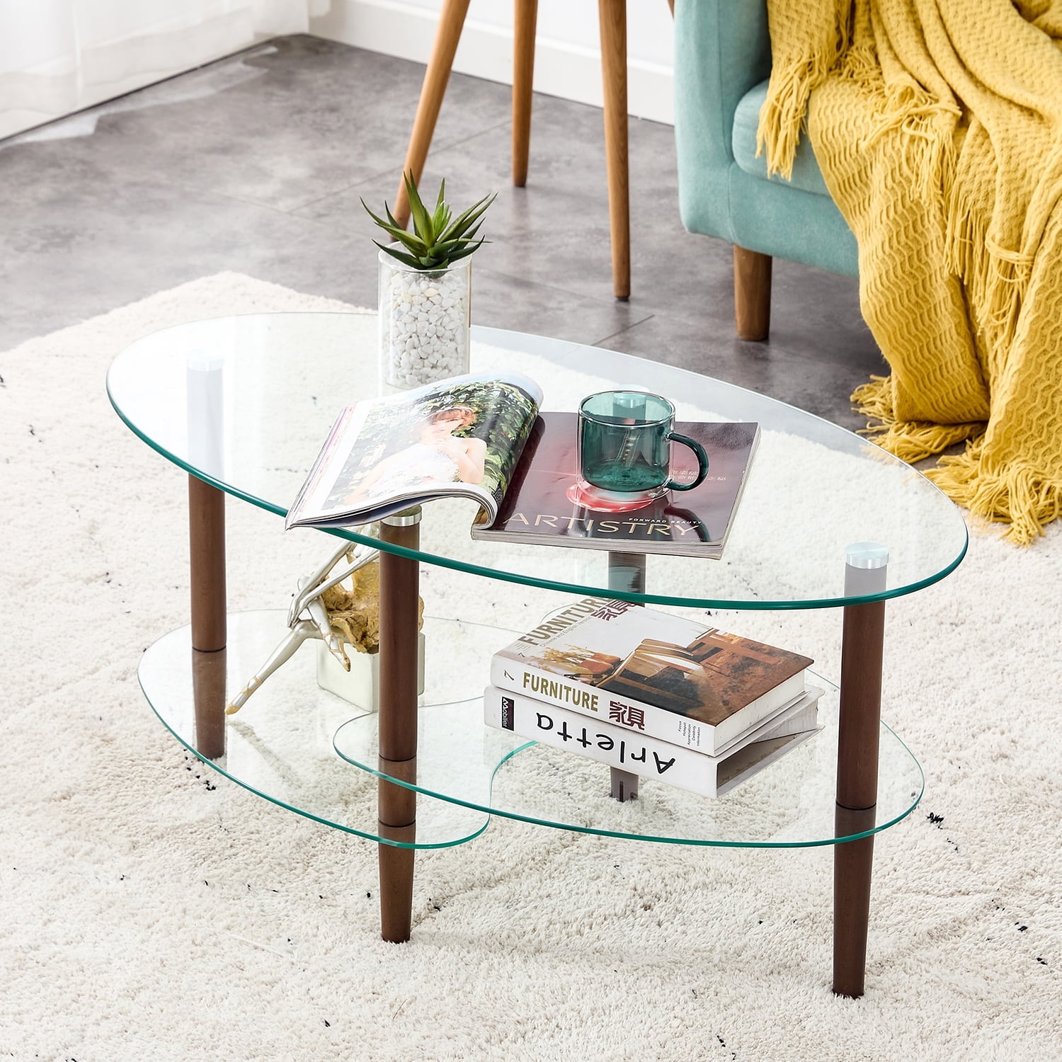 Resenkosee Modern Oval Glass Living Room Coffee Table with Storage, Clear