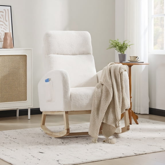 Resenkos Modern Rocking Chair with Wood Legs, Upholstered Glider, Comfy Armchair with Pocket, High Backrest, White