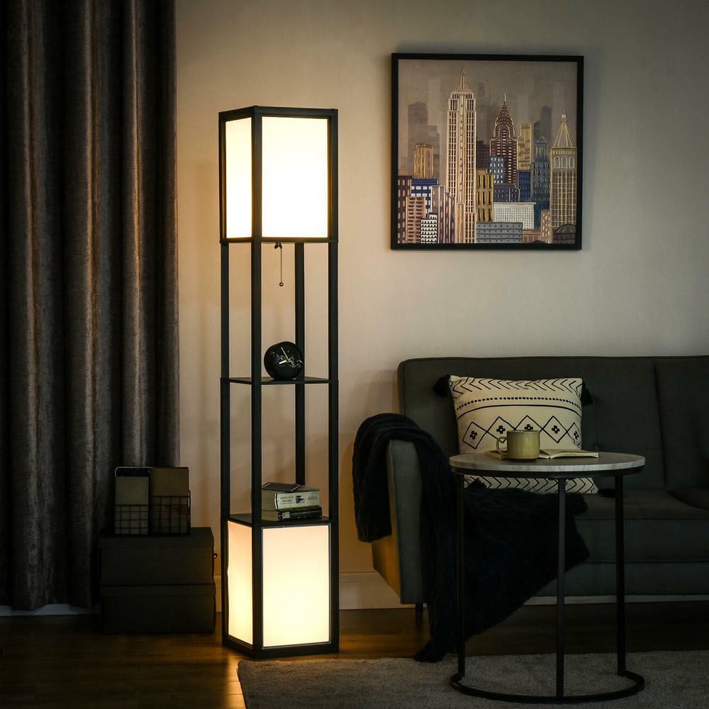 Resenkos Modern Shelf Floor Lamp - Dual Ambient Light for Living Room, Bedroom, 10.25"x10.25"x61.5", Black