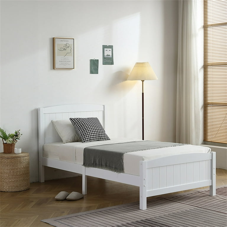 Resenkos Modern Single Bed with Headboard Solid Wood Platform Bed Frame No Box Spring Needed White