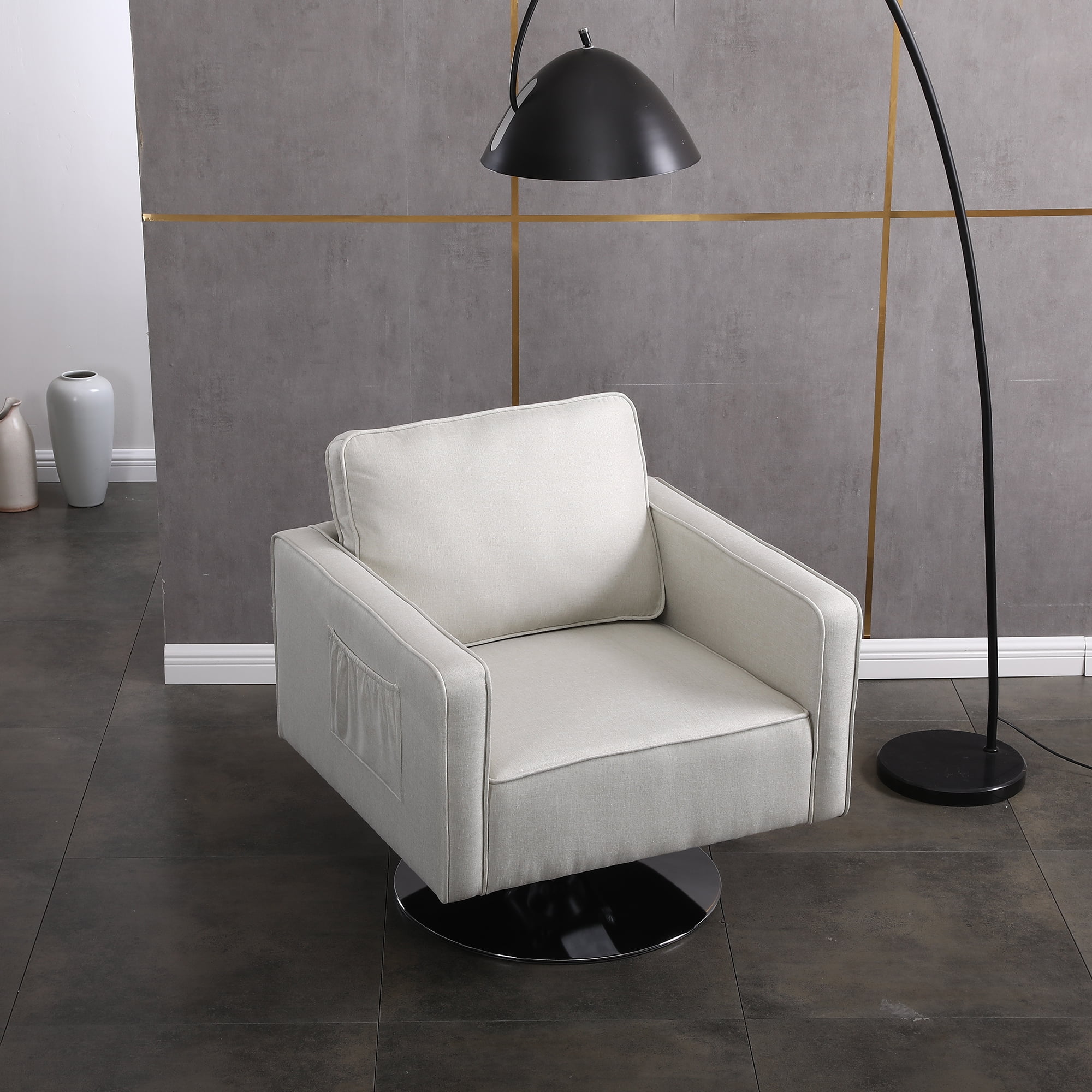 Resenkos Modern Swivel Barrel Chair for Living Room, Upholstered Accent Chair Armchair with Metal Base, Beige