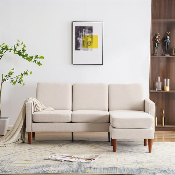 Resenkos Modern Upholstered Sofa with Reversible Sectional Chaise, Linen L-Shape Couch for Small Space, Beige