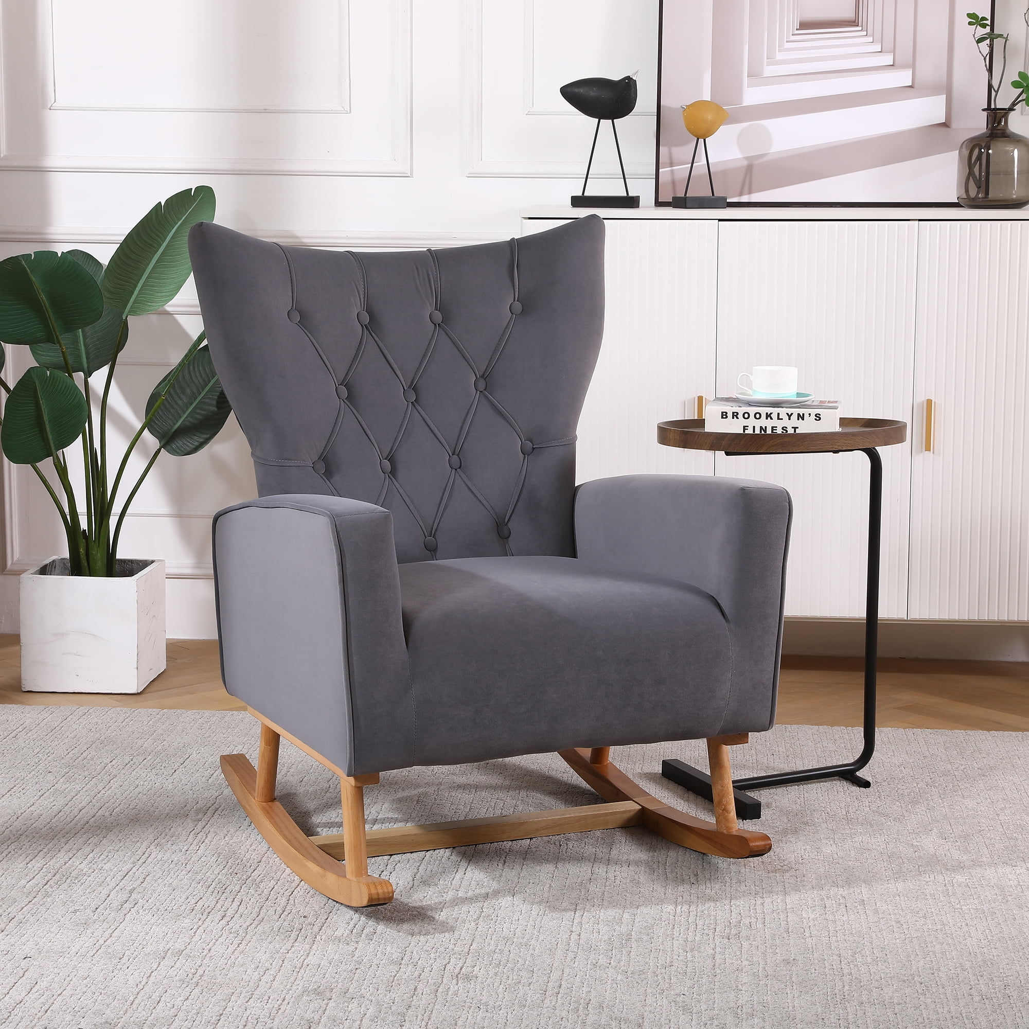 Resenkos Modern Velvet Rocking Chair Nursery with High Backrest, Living Room Accent Chair Armchair, Grey