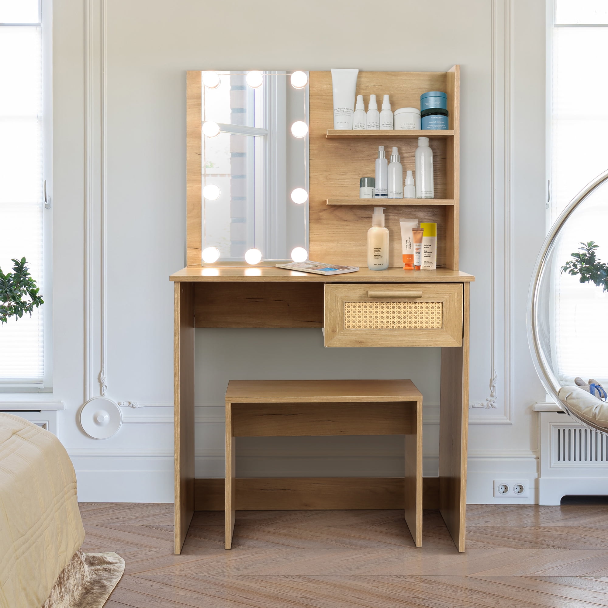 Resenkos Modern Wood Rattan Makeup Vanity Desk with Rectangle Mirror and Lights, Dressing Table for Girls Bedroom