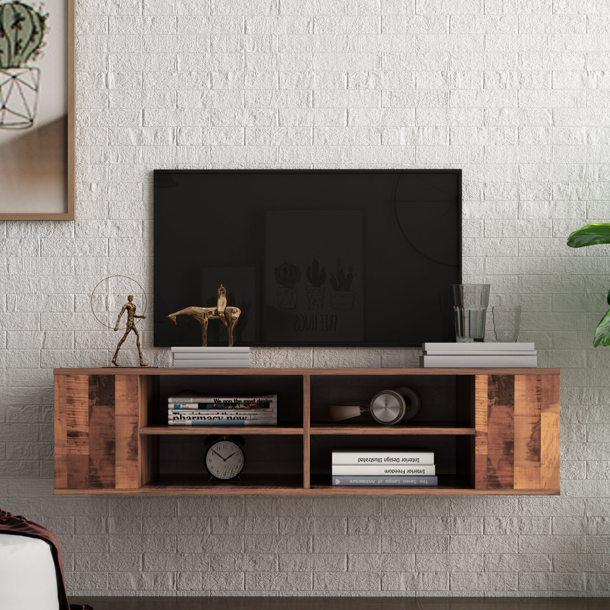 Resenkos Modern Wood Wall Mounted Media Console, 47inch Floating TV Stand Component Shelf with Height Adjustable, Brown