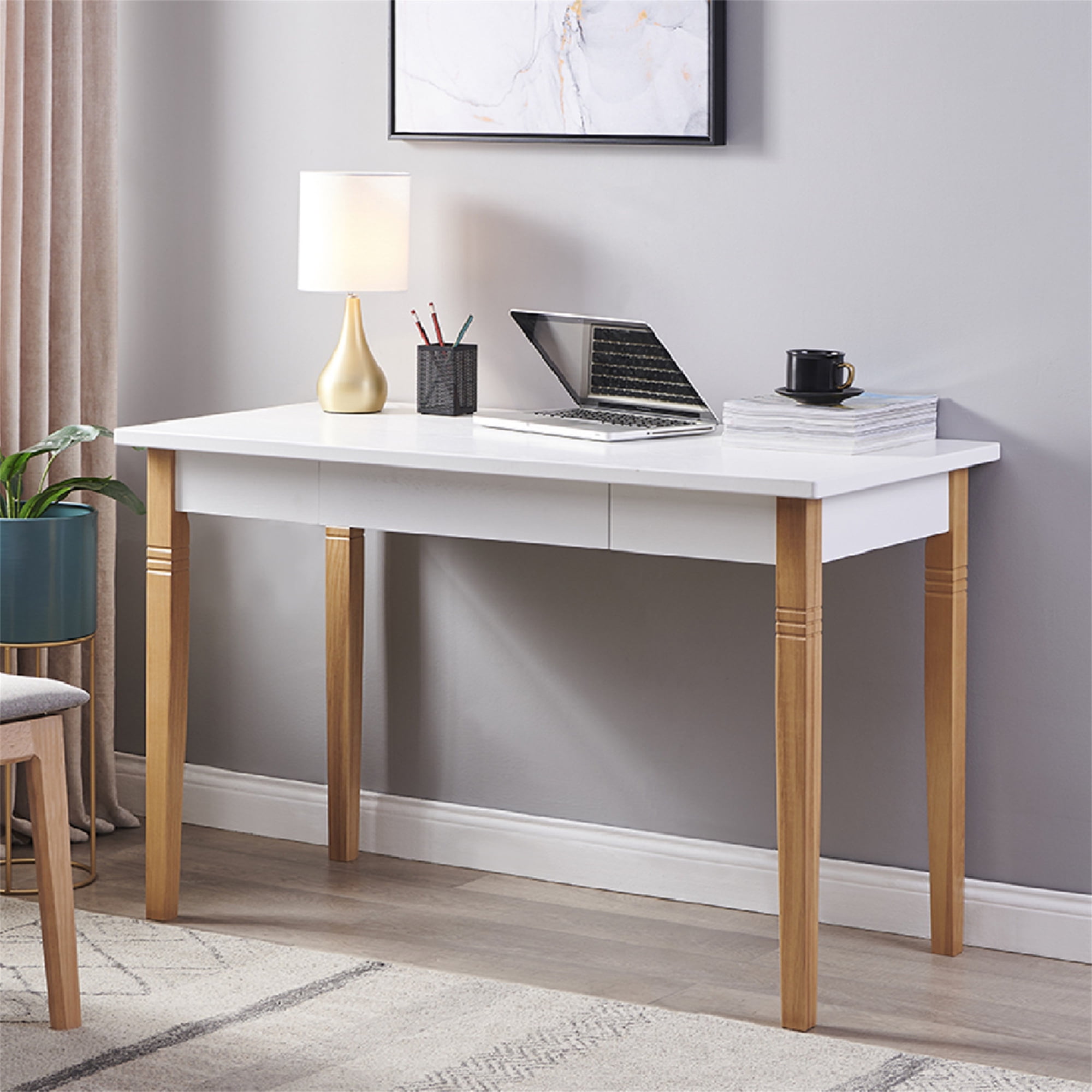 Resenkos Modern Wood Writing Desk with Drawer, Home Office PC Laptop Study Table, White 47 inch