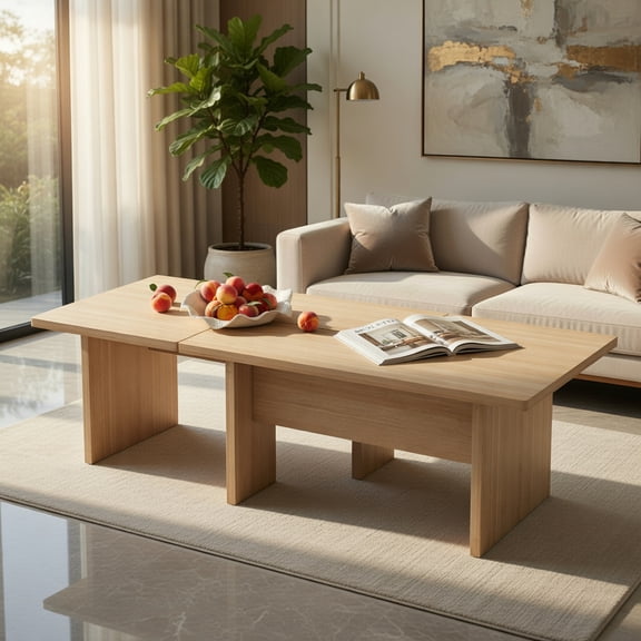 Resenkos Modular L-Shaped Coffee Table Set of 2 for Small Spaces, Oak Finish