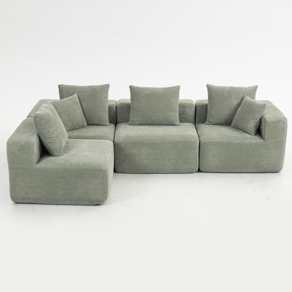 Resenkos Modular L-Shaped Sectional Sofa with Plush Chenille, All-Foam Deep-Seat Couch & 5 Pillows, Compressed, Light Green