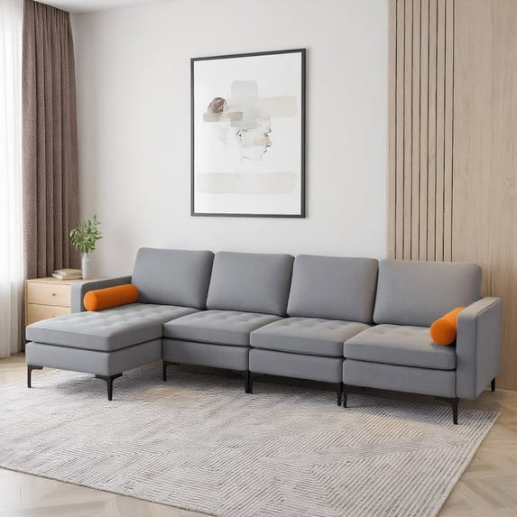 Resenkos Modular L-shaped 4-Seat Sectional Sofa with Reversible Chaise and 2 USB Ports-Gray, Sectional Sofa Couch Living Room Sleeper Set