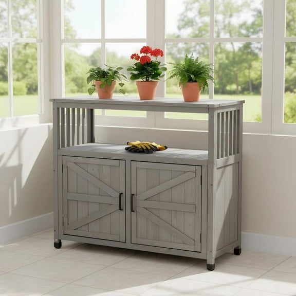 Resenkos Multi-Functional Buffet Sideboard for Indoor and Outdoor, Wooden Patio Bar Table with Storage Compartment, Gray