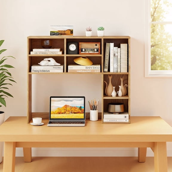 Resenkos Multi Functional Desktop Storage Shelf with Open Cubbies and Adjustable Shelves, Space Saving Desk Organizer for Workstation, Natural