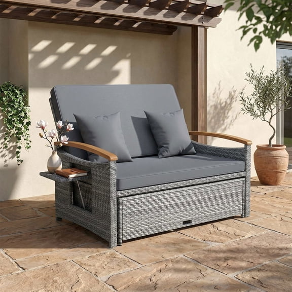Resenkos Multi-Functional Patio Seating with Storage Ottoman for Yard, Folding Panels Outdoor Wicker Daybed, Gray