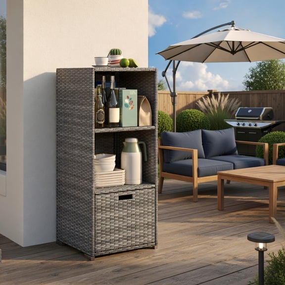 Resenkos Multi-Purpose Patio Storage Organizer with Open Shelves, Outdoor Wicker Cabinet with Flexible Drawer for Garden, Poolside and Yard, Gray