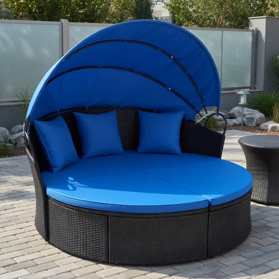 Resenkos Multi‑Purpose Round Clamshell Outdoor Daybed Lounger, PE Rattan Patio Sofa Furniture, Retractable Sun Protection Canopy, Reinforced Heavy‑Duty Metal Frame, Washable Plush Cushions, Navy