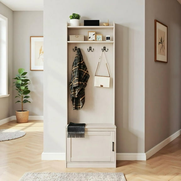 Resenkos Narrow Hall Tree - Rustic Entryway Shoe Storage Bench, Coat Rack & Storage Shelves, for Hallway/Mudroom, White Wood Grain