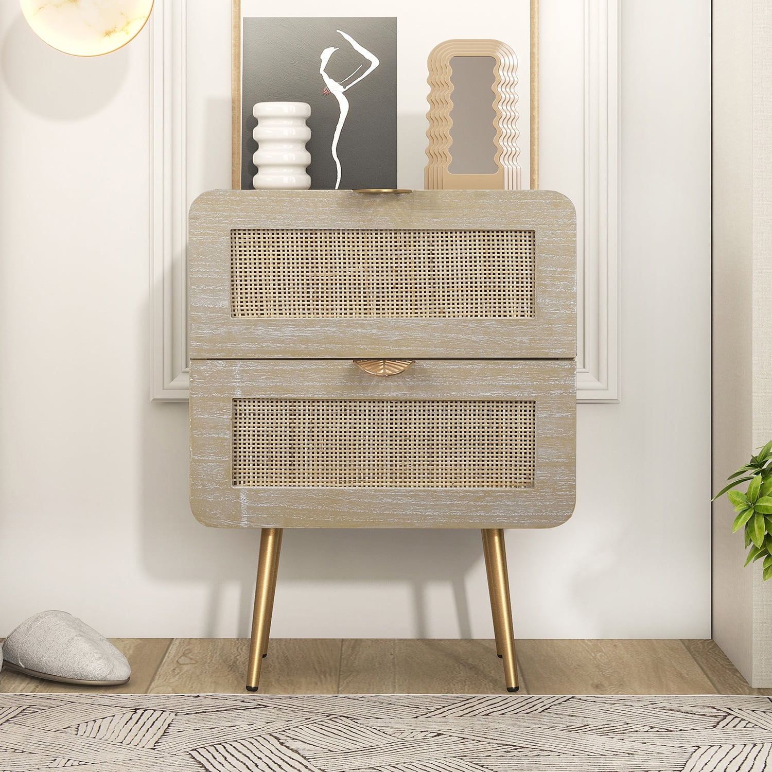 Resenkos Natural Rattan Drawer Nightstand with Accent Handle and Metal Leg