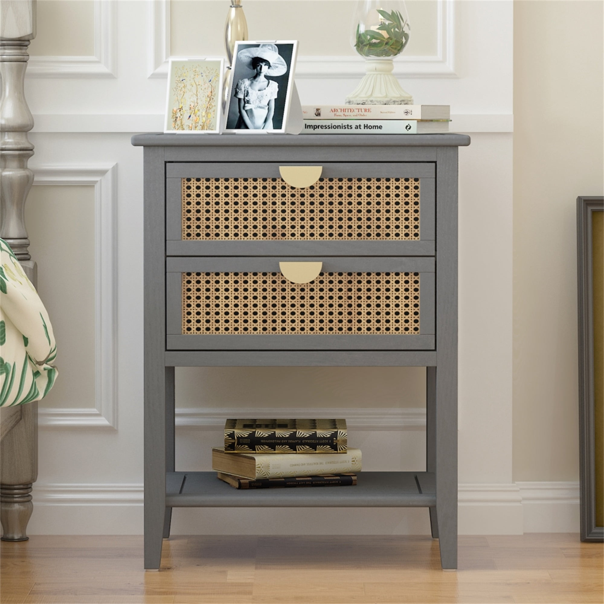 Resenkos Naturel Rattan Nightstand with Open Storage and Drawer for Bedroom Living Room, Rustic Bedside End Table in Gray