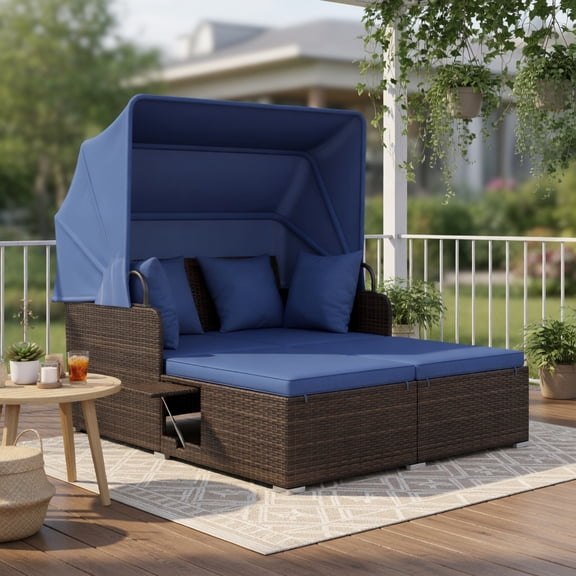 Resenkos Navy & Beige Outdoor Rattan Daybed with Retractable Sun Canopy, Foldable Side Trays, and Heavy-Duty Metal Frame  Patio Lounger for Backyard, Poolside & Deck