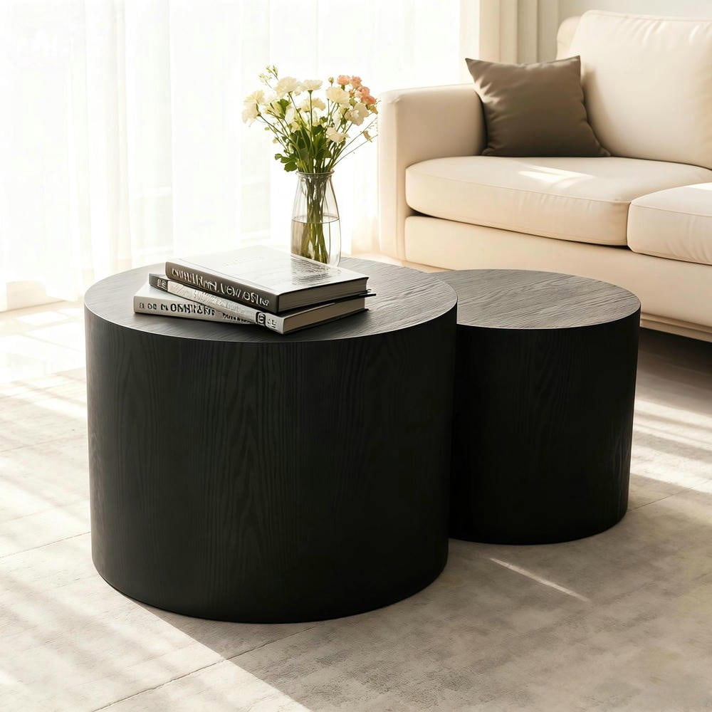 Resenkose Nesting Coffee Table Set of 2, Modern Round Side Tables with Non-Slip Feet, No Assembly Required, Matte Black
