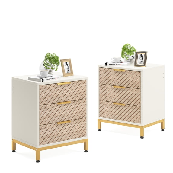 Resenkos Night Stands for Bedrooms, White and Gold Light Wood Grain Nightstands with 3 Drawers Bedside End Tables Storage for Living Room