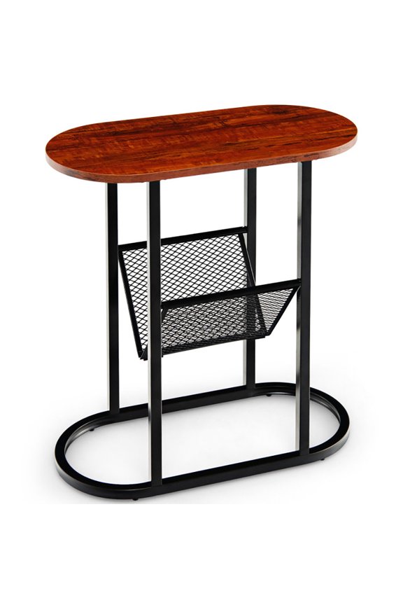 Nightstand,Coffee Side Table,2-tier Oval Narrow Bedside End Table-Rustic Brown