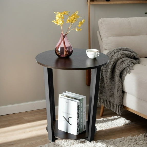Resenkos Nightstand,Coffee Side Table,2-tier Round End Table with Storage Shelf & Metal Frame-Walnut