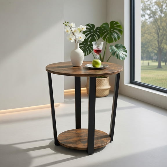Resenkos Nightstand,Coffee Side Table,2-tier Round End Table with Storage Shelf and Metal Frame-Brown