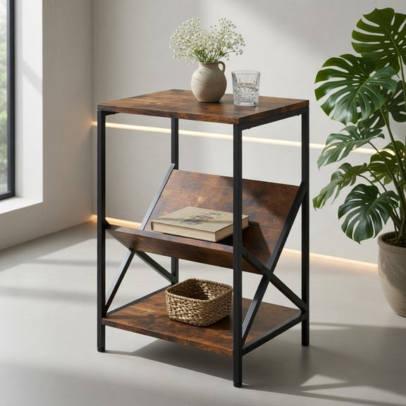 Resenkos Nightstand,Coffee Side Table,3-Tier Industrial Side Table with V-shaped Bookshelf for Living Room-Rustic Brown
