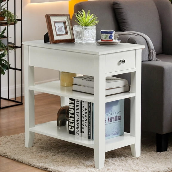 Resenkos Nightstand,Coffee Side Table,3-Tier Nightstand Bedside Table Sofa Side with Double Shelves Drawer-White