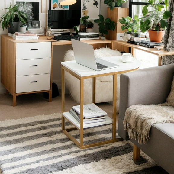 Resenkos Nightstand,Coffee Side Table,C-shaped Side Table with Faux Marble Tabletop and Golden Steel Frame-White