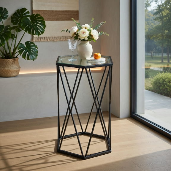 Resenkos Nightstand,Coffee Side Table,Hexagonal Accent End Table with Tempered Glass Top and Metal Frame