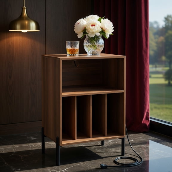 Resenkos Nightstand,Desktop Table,Side Table,End Tables,Beside Table,Record Player Stand with Record Storage Shelf and Charging Station-Walnut