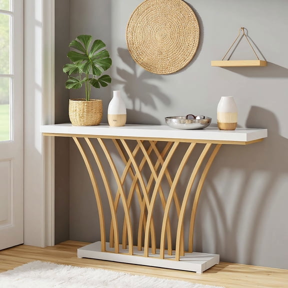 Resenkos Oak Wood Console Table - 3-Shelf Open Base, Rustic Entryway/Living Room Storage, Sturdy & Elegant, Brown