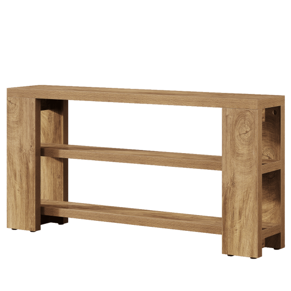 Resenkos Oak Wood Console Table, 3-Shelf Open Base, Rustic Entryway/Living Room Storage, Sturdy & Elegant, Brown