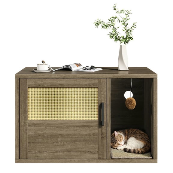 Resenkos Odor Control Cat Litter Box Enclosure, Wooden Furniture Cabinet with Scratching Pad, Cat House Side End Table for Living Room Bedroom, Light Gray